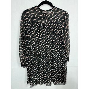 Zara Basic Sheer Black Long Sleeve Belt Print Babydoll Shift Mini Dress Size M‎